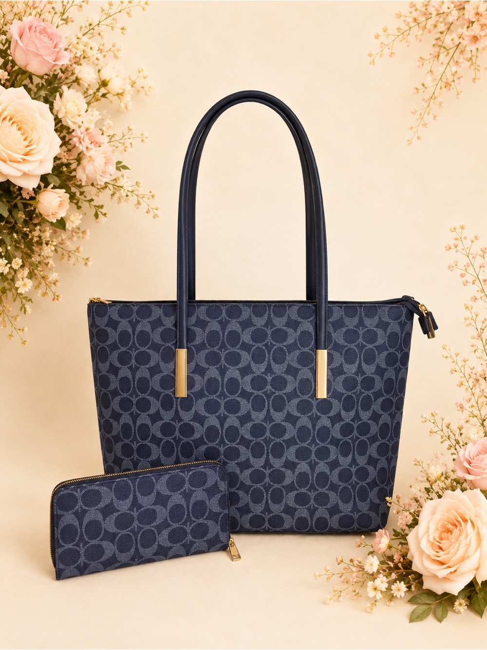 Classic Navy Tote with Matching Wallet - Signature Pattern